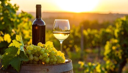 Fototapeta premium Wine tasting with a bottle and glass in a vineyard at sunset
