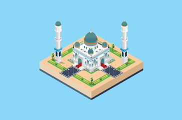3d isometric vector illustration of mosque in the middle of the city near the main road. Suitable for Diagrams, Infographics, Book Illustration