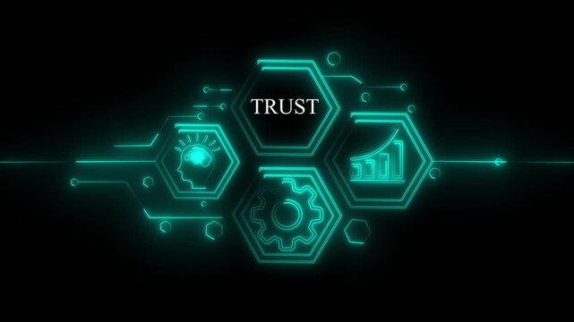 Trust concept digital network with brain gear and growth chart neon glow on black background abstract technology