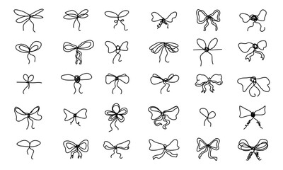Handdrawn bows in various styles suitable for gift wrapping, crafts, card making, and festive designs. Perfect for adding a charming touch.