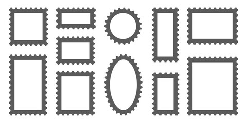 Stamp frame vector borders. Postcard shapes for vintage letter design. Square and rectangle perforated template for envelope. Mockup for photo album. Philately jagged collection
