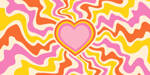 Retro background with heart and swirl spiral rays. Psychedelic groovy carnival illustration. 60s trippy backdrop for summer poster. Vector lovely sunburst backdrop
