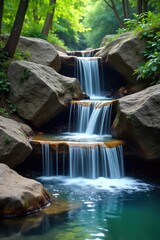 Serene Cascading Waterfall Tranquil Water Flowing Over Tiered Rocks, Peaceful Nature Scene Perfect for Relaxation and Serenity Themes