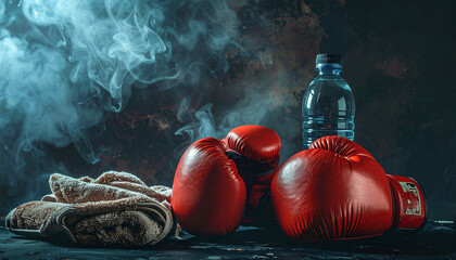 Pair of boxing gloves and gym gear like towel, hand wraps, and water bottle arranged on a dark smoky background