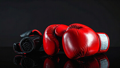 Boxing gloves placed with boxing wraps and mouthguard on a black background