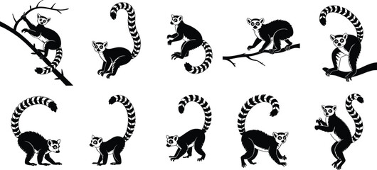 Black and white lemur illustrations in various poses including climbing, sitting, walking, and standing with striped tails and tree branches