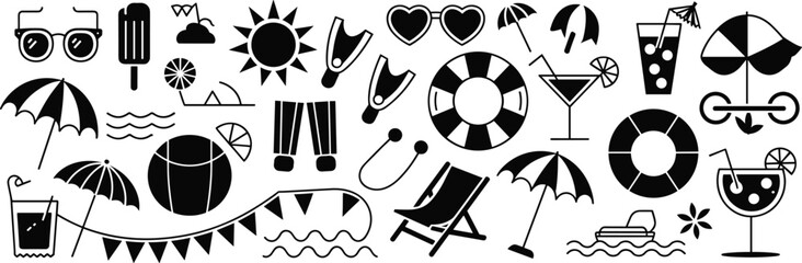 Black and white summer-themed icon set including sunglasses, drinks, flip-flops, umbrellas, beach ball, boat, and pool float