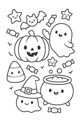 Fototapeta premium Funny cartoon vector set of smiling faces characters - Halloween doodle coloring