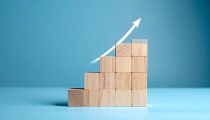 Wooden blocks forming a staircase, upward white arrow, light blue background