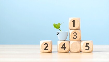 Wooden blocks in a tiered pyramid, topped by a small plant pot, with numbers 1-5