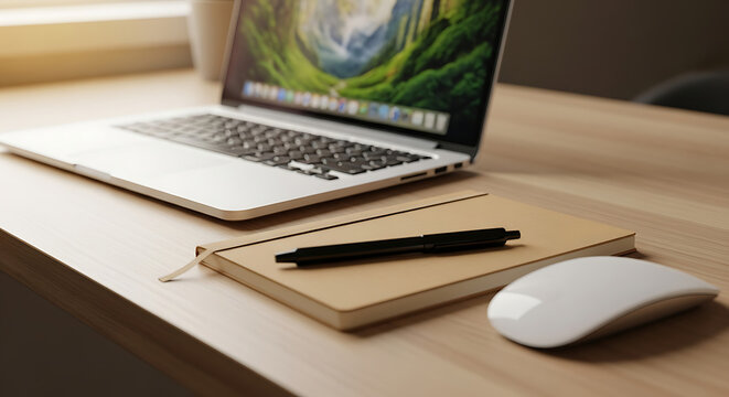Laptop notebook pen and mouse on a wooden desk creating a workspace environment with natural light