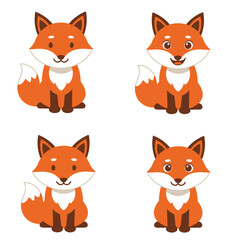 Cute cartoon fox faces and sitting poses, adorable woodland animal characters for kids and wildlife themes illustration