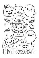 Coloring set for kids with cartoon characters and fun illustrations - Halloween doodle