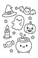 Cartoon illustration with holiday and celebration icons set - Halloween doodle coloring