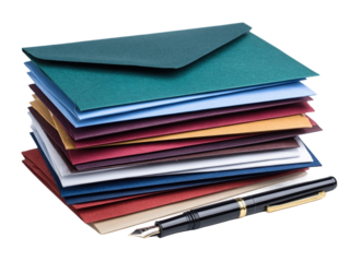 Colorful envelopes stacked beside a pen.