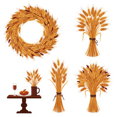 Autumn wheat wreath and dried golden grain bundle with rustic harvest decorations for fall farmhouse decor design