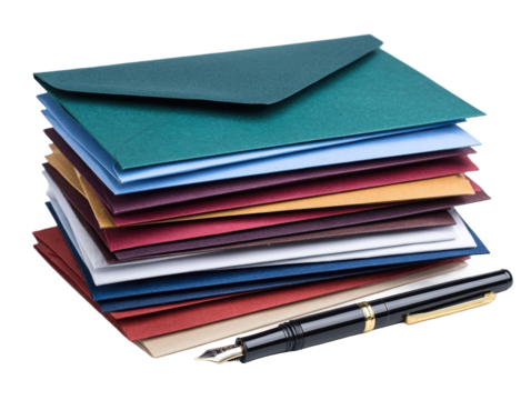 Colorful envelopes stacked beside a pen.