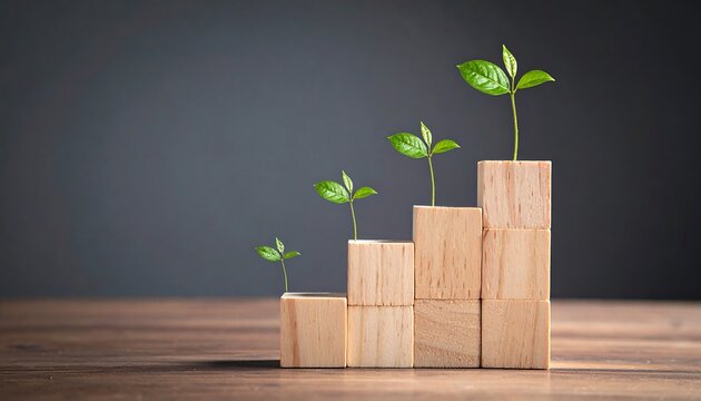 Wooden blocks stacked in a staircase, small plants growing on each block