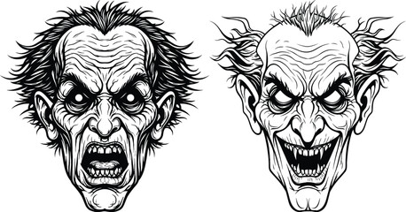 Two creepy monster faces detailed ink drawings menacing evil ghouls scary apparitions