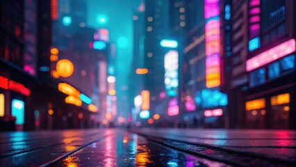 Obraz premium A vibrant, neon-lit urban street scene reflecting rain, creating a futuristic and atmospheric ambiance.