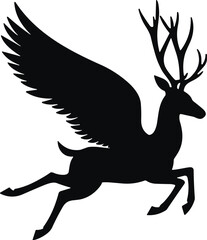 Black silhouette icon of mythical winged deer creature, combining antlers and feathers, fantasy animal design for storytelling, logo, or illustration