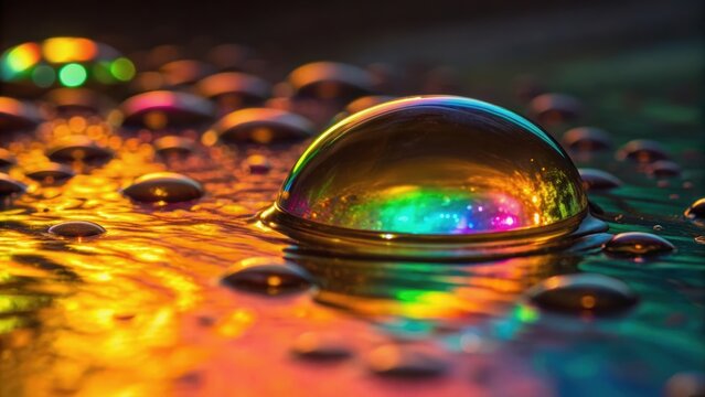 A colorful soap bubble sits on a wet surface, reflecting vibrant hues and creating a mesmerizing visual effect.