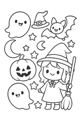 Cartoon children coloring book outline - Halloween doodle