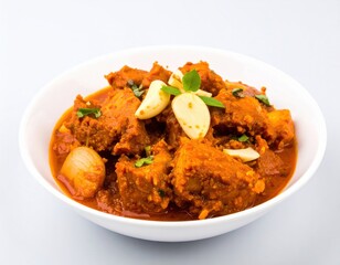 Fototapeta premium Rustic and Vibrant Pork Curry with Chunky Meat Garnished with Fresh Sliced Garlic.