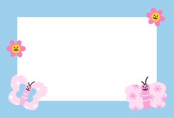 Cute rectangle pastel blue frame with butterfly and flower for summer vibe, decoration, polaroid photo, template, social media post, poster, book cover, sticky note, school name card, animal print