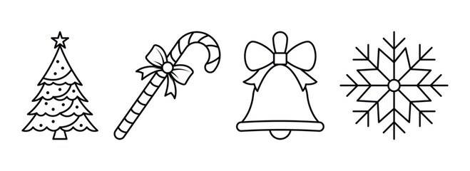 christmas outline icon set with tree candy bell and snowflake for holiday decoration and festive design