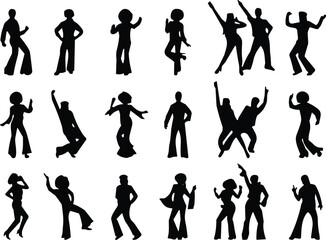 Black silhouette icons of disco dancers in dynamic poses wearing flared pants, capturing 1970s dance style and retro movement