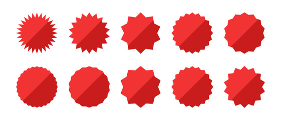 Circle sticker set. Wavy edge promo badges. Star burst shape tags for price. Blank sale stickers. Simple silhouette. Flat vintage labels. Vector illustration.
