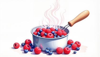 Berries boiling in steel pot with raspberries and blueberries  