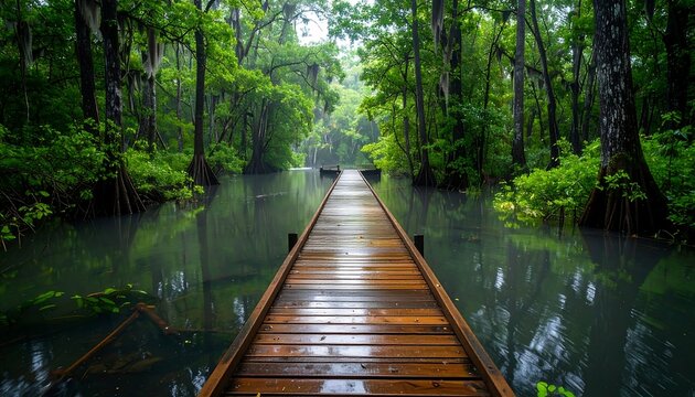 Wooden boardwalk through a misty swamp