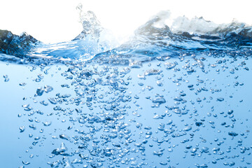 Splashing Water Wave. Air Bubbles Float Up in water. Pure Drinking Water, Oxygen Relaxation. Blue Water Textured on White Background.	