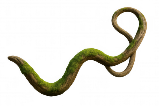 Twisted jungle vine covered with green moss, forming an abstract curve. Natural wood texture providing an organic element