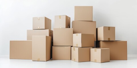A large pile of cardboard boxes stacked on top of each other, with a white background and no visible people or animals.