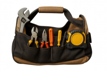 Tool bag filled with various hand tools, including wrench, pliers, screwdrivers, and measuring tape, on transparent background