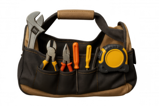 Tool bag filled with various hand tools, including wrench, pliers, screwdrivers, and measuring tape, on transparent background