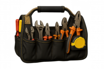 Fabric tool bag filled with assorted working tools, handyman equipment for repair and diy project on transparent background