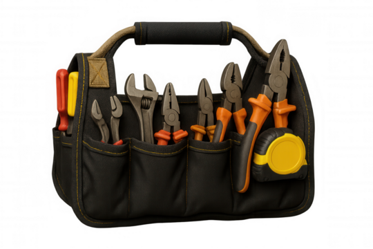 Fabric tool bag filled with assorted working tools, handyman equipment for repair and diy project on transparent background