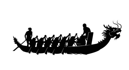 Athletic silhouette of a cultural dragon boat with a team of synchronized paddlers during a festive race