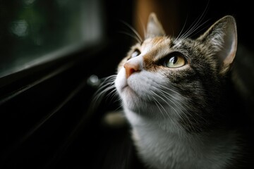 Close-up of a calico cat gazing upward, head tilted, beside a dark window