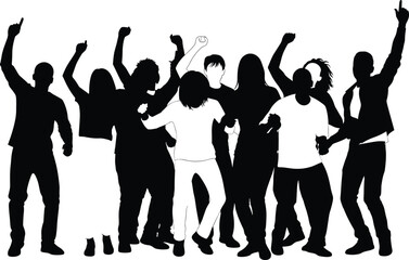 Dancing people silhouette vector, group celebration illustration, energetic crowd in motion, black and white party design, festive unity concept, expressive pose artwork