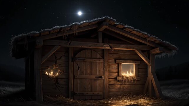 Rustic Wooden Stable Lit by Candles at Night Under Starry Sky