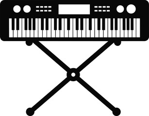 Electronic keyboard silhouette vector, synthesizer on X-stand, music instrument icon, piano keys, sound control panel, black and white studio design