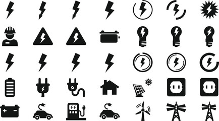Electricity and energy icon set, power generation symbols, renewable energy vector, battery, plug, solar panel, wind turbine, lightning bolt, safety design