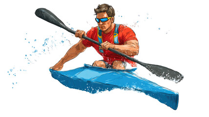 a muscled rower in blue canoe strokes with paddle wearing glasses on white background