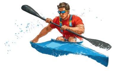 a muscled rower in blue canoe strokes with paddle wearing glasses on white background