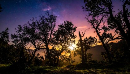 Fototapeta premium Scenic dusk shot with tree silhouettes under a starlit sky